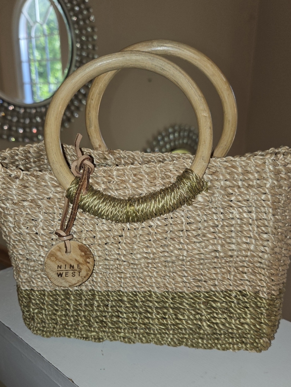 Nine West Wheat/Olive Cute Straw Mini Purse w/Bamboo Handles